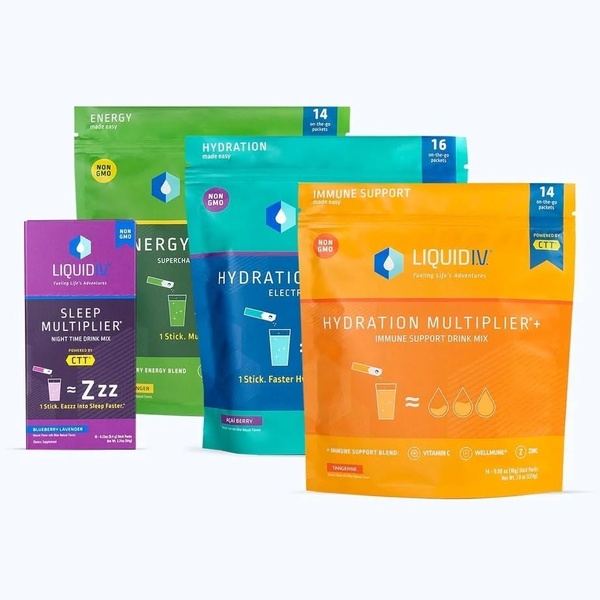 This creative showcases four distinct electrolyte drink mix packets in a clean, minimalist 1:1 grid, using color-coded branding to represent different benefit categories.